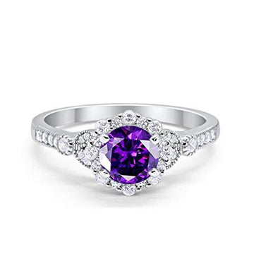 Floral Art Deco Engagement Ring Simulated Amethyst CZ 925 Sterling Silver